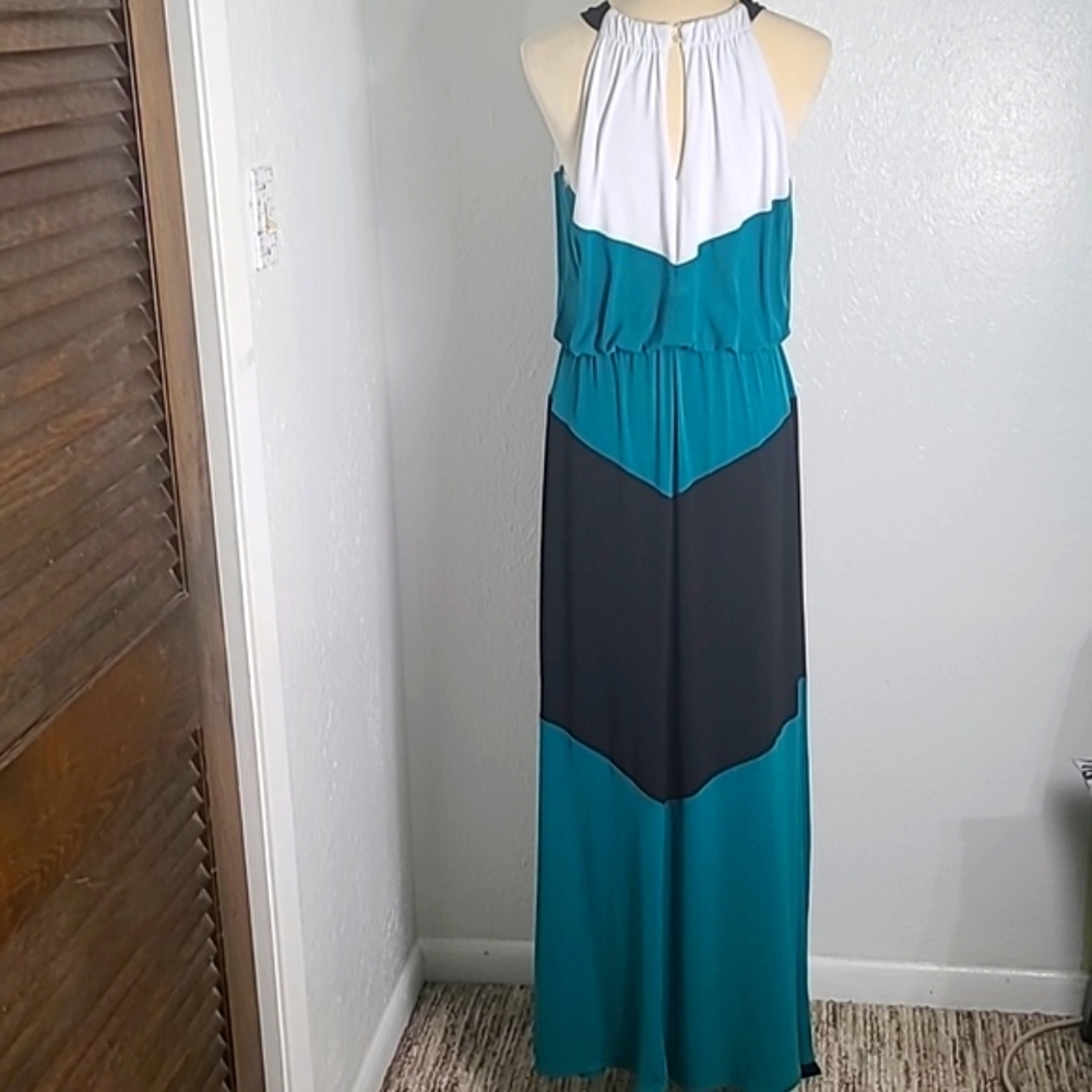 London Style White, Teal, Black Colorblock Maxi-Dress, Halter Neckline Sz Medium - Picture 7 of 12